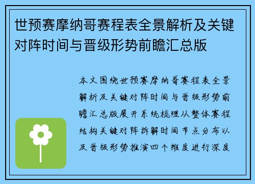 世预赛摩纳哥赛程表全景解析及关键对阵时间与晋级形势前瞻汇总版